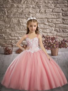 Affordable Watermelon Red Ball Gowns Appliques Little Girl Pageant Gowns Lace Up Tulle Sleeveless
