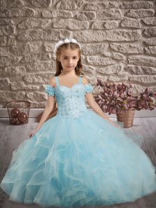 Dramatic Aqua Blue Ball Gowns Appliques and Ruffles Kids Pageant Dress Lace Up Tulle Sleeveless