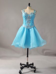 Aqua Blue Organza Zipper Straps Sleeveless Mini Length Prom Gown Beading