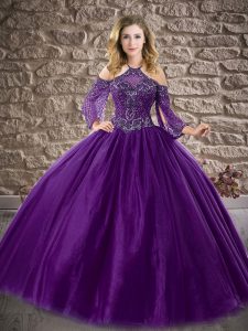 Purple Ball Gowns Halter Top 3 4 Length Sleeve Tulle Floor Length Zipper Beading Vestidos de Quinceanera