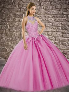 Rose Pink Ball Gown Prom Dress Halter Top Sleeveless Sweep Train Lace Up