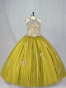 Stunning Olive Green Sleeveless Floor Length Beading and Appliques Lace Up Quinceanera Gown