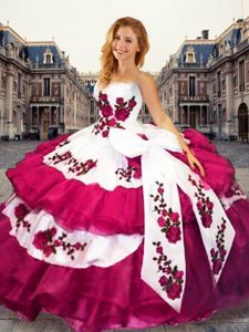 Floor Length Hot Pink Quinceanera Dress Organza Sleeveless Embroidery and Ruffled Layers and Bowknot
