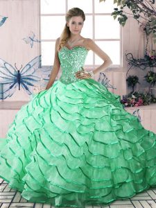 Luxurious Brush Train Ball Gowns Quinceanera Dress Apple Green Sweetheart Organza Sleeveless Lace Up