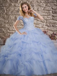 Nice Lavender Lace Up Off The Shoulder Lace and Pick Ups 15 Quinceanera Dress Tulle Sleeveless Sweep Train