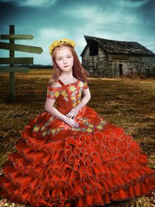 Orange Red Kids Pageant Dress Wedding Party with Embroidery and Ruffled Layers Off The Shoulder Short Sleeves Lace Up