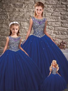 Vintage Tulle Scoop Sleeveless Lace Up Beading Quince Ball Gowns in Royal Blue