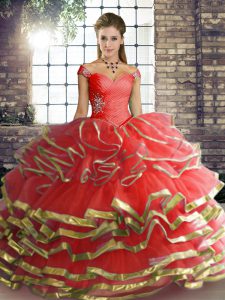 Coral Red Lace Up Quince Ball Gowns Beading and Ruffled Layers Sleeveless Floor Length
