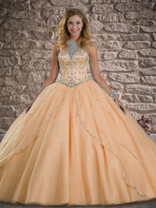 Top Selling Sleeveless Brush Train Lace Up Beading Sweet 16 Quinceanera Dress