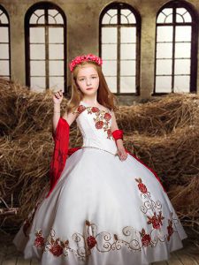White Lace Up Pageant Gowns For Girls Embroidery Sleeveless Floor Length