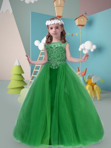Dark Green Ball Gowns Tulle Scoop Sleeveless Beading Zipper Little Girl Pageant Dress Sweep Train