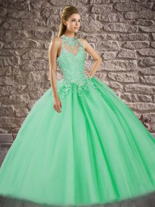 Nice Lace Up Ball Gown Prom Dress Apple Green for Military Ball and Sweet 16 and Quinceanera with Beading and Appliques 