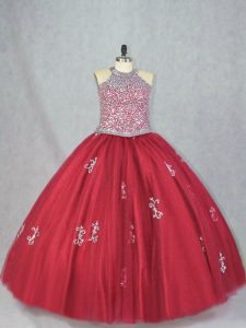Cheap Red Halter Top Neckline Beading and Appliques Sweet 16 Dress Sleeveless Lace Up
