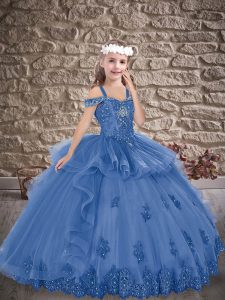 Superior Blue Lace Up Off The Shoulder Beading and Appliques Little Girls Pageant Dress Tulle Sleeveless