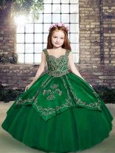 Customized Dark Green Straps Lace Up Beading and Embroidery Little Girls Pageant Gowns Sleeveless