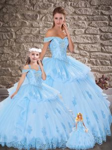 Light Blue Ball Gowns Off The Shoulder Sleeveless Tulle Floor Length Lace Up Beading and Lace Quinceanera Gowns