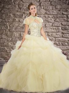 Ball Gowns Sleeveless Light Yellow Quince Ball Gowns Brush Train Lace Up