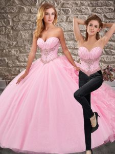 Colorful Pink 15th Birthday Dress Military Ball and Sweet 16 and Quinceanera with Beading and Ruffles Sweetheart Sleevel
