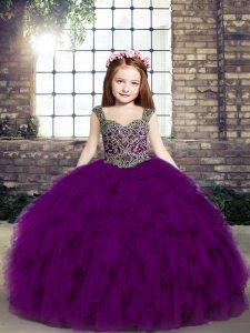Trendy Purple Tulle Lace Up Kids Formal Wear Sleeveless Floor Length Beading and Ruffles