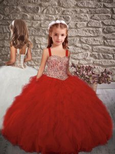 Beautiful Straps Sleeveless Tulle Little Girl Pageant Dress Beading and Ruffles Lace Up