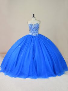Best Selling Beading Ball Gown Prom Dress Blue Lace Up Sleeveless Floor Length