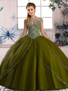 Glamorous Olive Green Organza Lace Up 15th Birthday Dress Cap Sleeves Brush Train Beading