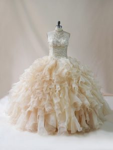 Fantastic Champagne Lace Up Halter Top Beading and Ruffles 15 Quinceanera Dress Organza Sleeveless