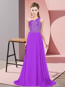 Empire Dress for Prom Purple One Shoulder Chiffon Sleeveless Floor Length Side Zipper