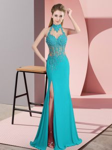 Aqua Blue Prom Gown Prom and Party and Military Ball with Beading Halter Top Sleeveless Backless