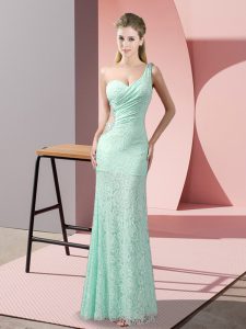 Column/Sheath Prom Party Dress Apple Green One Shoulder Lace Sleeveless Floor Length Criss Cross