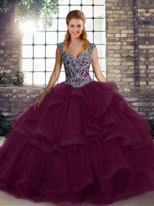 Tulle Straps Sleeveless Lace Up Beading and Ruffles 15th Birthday Dress in Dark Purple