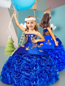 Trendy Sleeveless Fabric With Rolling Flowers Sweep Train Lace Up Kids Formal Wear in Royal Blue with Embroidery
