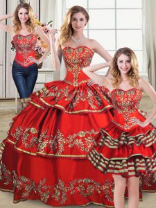 Ball Gowns Sweet 16 Dress Red Sweetheart Satin and Organza Sleeveless Floor Length Lace Up