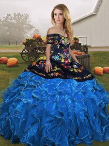 Romantic Off The Shoulder Sleeveless Organza 15th Birthday Dress Embroidery and Ruffles Lace Up