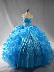 Sleeveless Floor Length Embroidery and Ruffles Lace Up Sweet 16 Dress with Baby Blue