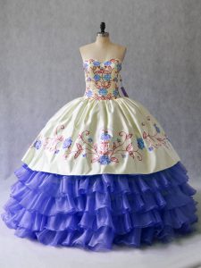 Flirting Blue Satin and Organza Lace Up Sweetheart Sleeveless Floor Length Quince Ball Gowns Beading and Embroidery
