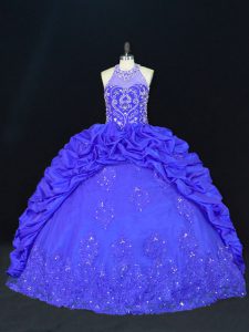 Most Popular Halter Top Sleeveless Quinceanera Gown Floor Length Beading and Appliques and Embroidery and Pick Ups Royal