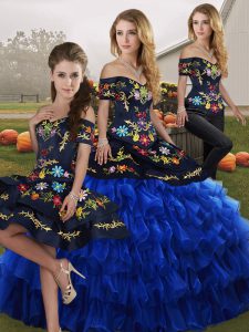 Sleeveless Floor Length Embroidery and Ruffled Layers Lace Up Sweet 16 Dresses with Blue And Black