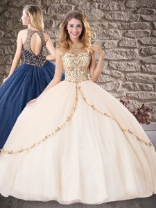Affordable Champagne Ball Gowns Tulle High-neck Sleeveless Beading Floor Length Backless Vestidos de Quinceanera