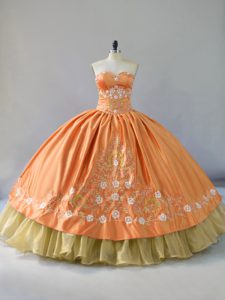 Nice Floor Length Orange Ball Gown Prom Dress Satin and Organza Sleeveless Embroidery and Ruffled Layers