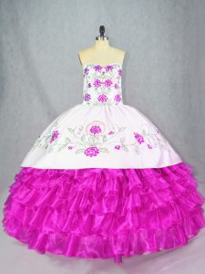 Fuchsia Organza Lace Up 15 Quinceanera Dress Sleeveless Floor Length Embroidery and Ruffled Layers