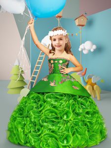 Green Lace Up Scoop Embroidery High School Pageant Dress Fabric With Rolling Flowers Sleeveless Sweep Train