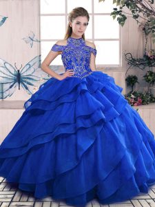 Royal Blue Ball Gowns Beading and Ruffled Layers Quinceanera Gowns Lace Up Organza Sleeveless Floor Length