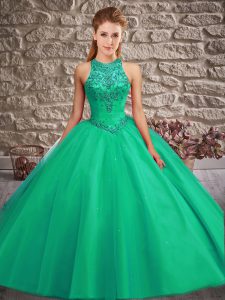 Turquoise Ball Gowns High-neck Sleeveless Tulle Brush Train Lace Up Beading Sweet 16 Dress