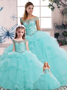 Floor Length Lace Up Vestidos de Quinceanera Aqua Blue for Military Ball and Sweet 16 and Quinceanera with Beading and R