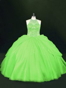 Top Selling Ball Gowns Halter Top Sleeveless Tulle Floor Length Lace Up Beading 15 Quinceanera Dress