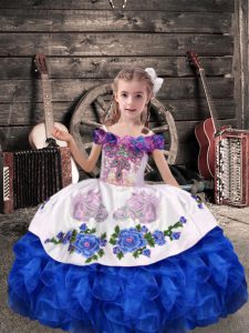Royal Blue Lace Up Off The Shoulder Beading and Embroidery and Ruffles Girls Pageant Dresses Organza Sleeveless