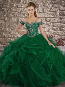 Ideal Dark Green Sleeveless Beading and Ruffles Lace Up Quinceanera Dress