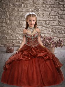 Beading and Ruffles Little Girls Pageant Dress Rust Red Lace Up Sleeveless Floor Length