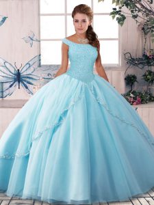 Wonderful Light Blue Ball Gowns Off The Shoulder Sleeveless Tulle Brush Train Lace Up Beading Ball Gown Prom Dress